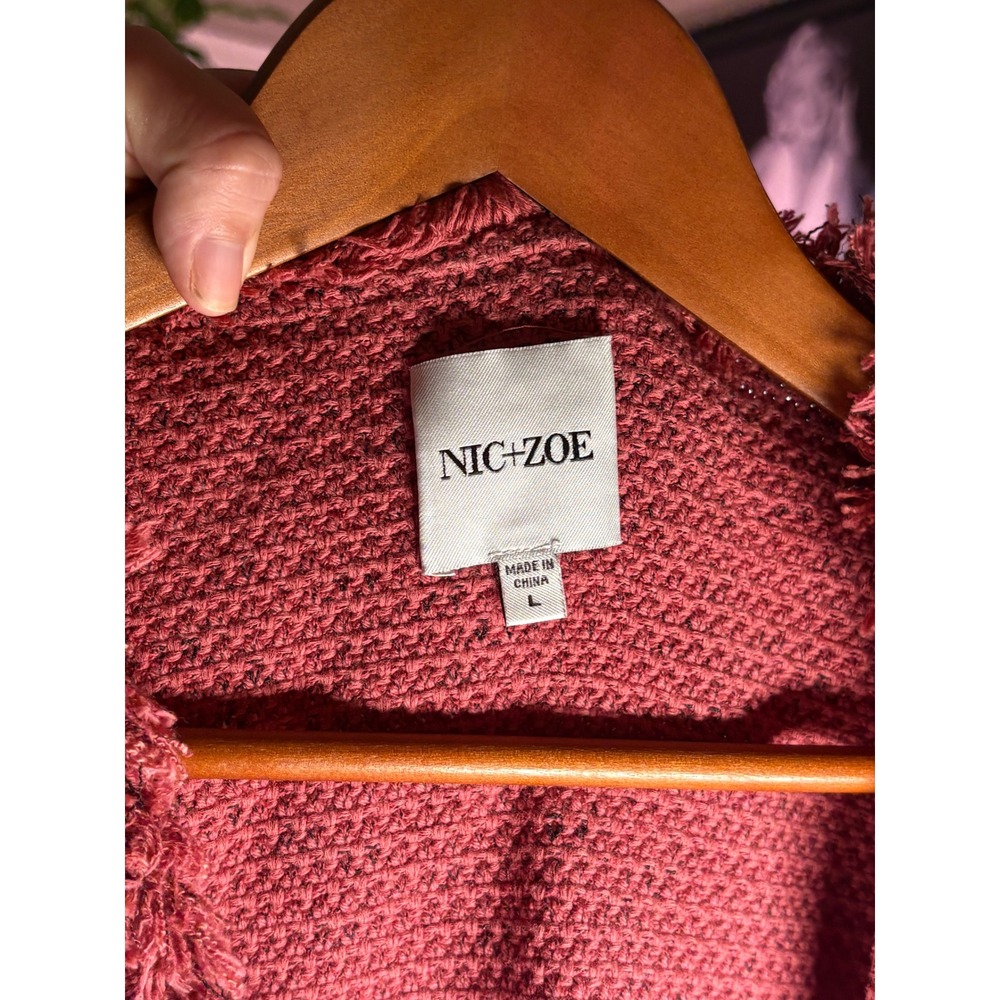 Nic+Zoe Knit Jacket Womens Large Pink Fringe Trim Open Front Moto Style Boho - Picture 4 of 11